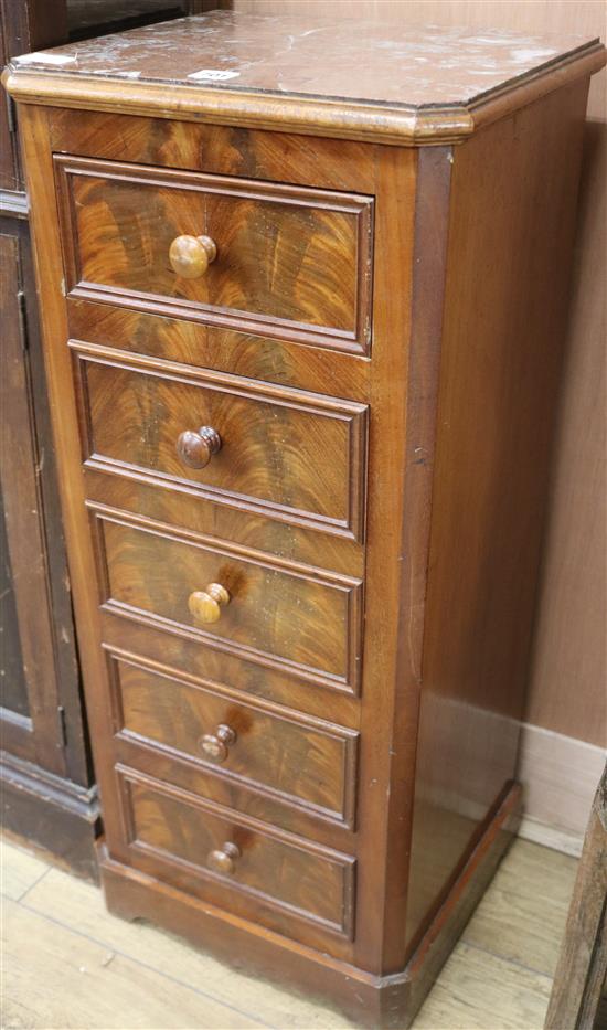 A French marble top five drawer slim chest of drawers W.40cm